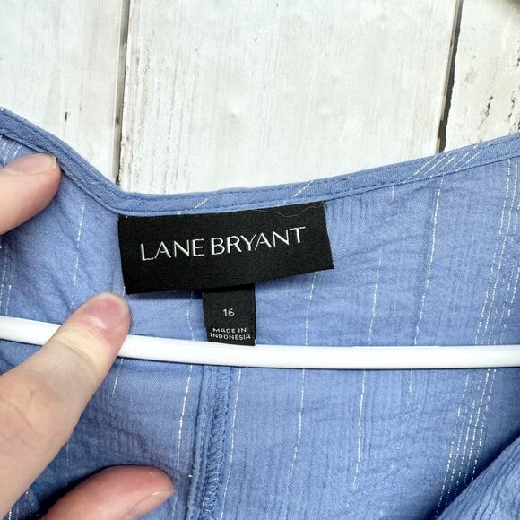 Lane Bryant Blouse Womens Plus Sz 16 Blue/Silver Stripe V-neck Top Short Sleeve - Picture 2 of 5